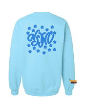 Load image into Gallery viewer, Light blue sweatshirt with blue text and star patterns on the back, on a white background.