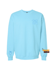 Load image into Gallery viewer, Light blue sweatshirt with star designs on left chest pocket and ribbon on right sleeve on a white background
